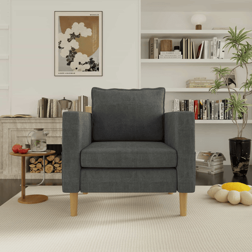 Poltrona de lazer de 1 lugar - com bolsa de arrumação e almofada confortável, estilo nórdico para recantos de leitura - cinzento chenille