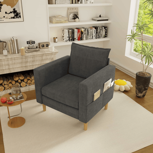 Poltrona de lazer de 1 lugar - com bolsa de arrumação e almofada confortável, estilo nórdico para recantos de leitura - cinzento chenille