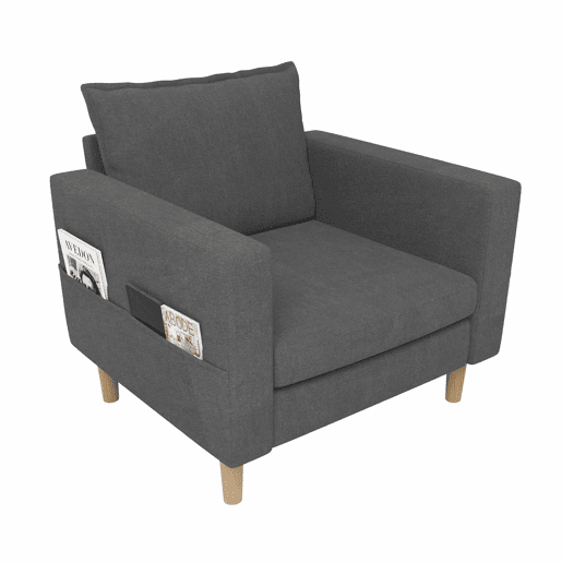 Poltrona de lazer de 1 lugar - com bolsa de arrumação e almofada confortável, estilo nórdico para recantos de leitura - cinzento chenille