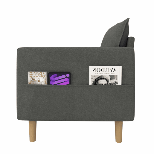 Poltrona de lazer de 1 lugar - com bolsa de arrumação e almofada confortável, estilo nórdico para recantos de leitura - cinzento chenille