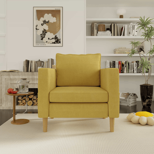 Poltrona de lazer de 1 lugar - com bolso de arrumação e almofada confortável, ideal para interiores de estilo nórdico e recantos de leitura - amarelo mostarda (chenille)