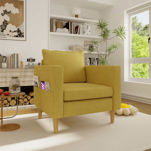 Poltrona de lazer de 1 lugar - com bolso de arrumação e almofada confortável, ideal para interiores de estilo nórdico e recantos de leitura - amarelo mostarda (chenille)