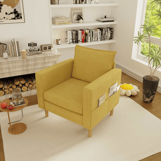 Poltrona de lazer de 1 lugar - com bolso de arrumação e almofada confortável, ideal para interiores de estilo nórdico e recantos de leitura - amarelo mostarda (chenille)