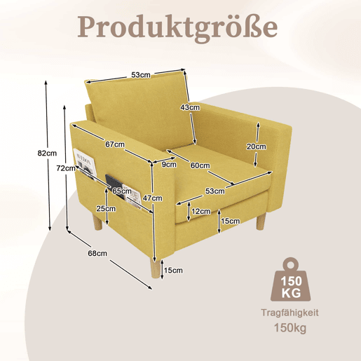 Poltrona de lazer de 1 lugar - com bolso de arrumação e almofada confortável, ideal para interiores de estilo nórdico e recantos de leitura - amarelo mostarda (chenille)