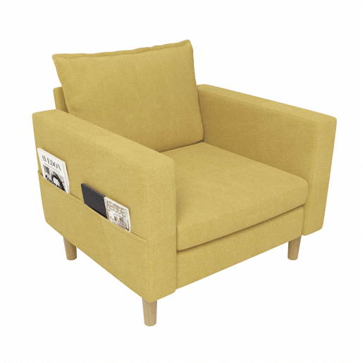 Poltrona de lazer de 1 lugar - com bolso de arrumação e almofada confortável, ideal para interiores de estilo nórdico e recantos de leitura - amarelo mostarda (chenille)