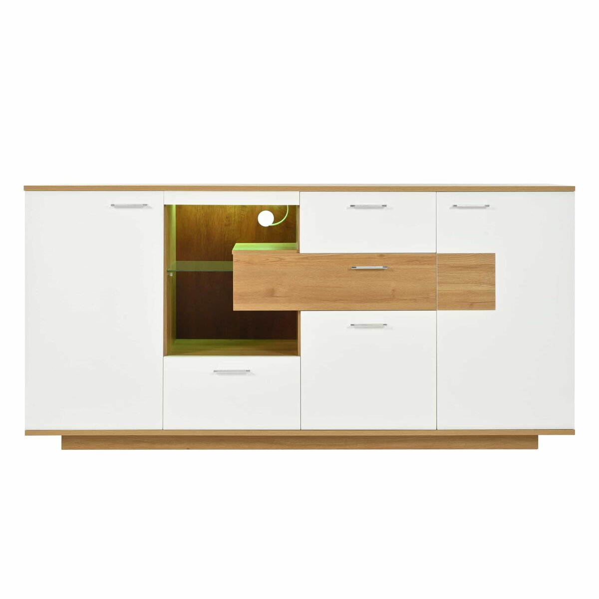 Aparador moderno 160x40x77cm - con almacenamiento amplio, iluminación led, 2 puertas, 4 cajones, estante de vidrio - natural