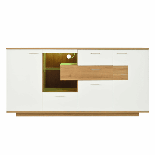 Aparador moderno 160x40x77cm - Com amplo espaço de armazenamento, iluminação LED, 2 portas, 4 gavetas, prateleira de vidro - Natural