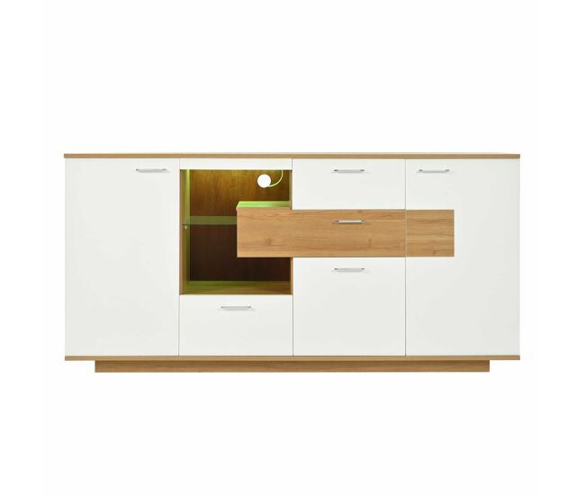 Aparador moderno 160x40x77cm - con almacenamiento amplio, iluminación led, 2 puertas, 4 cajones, estante de vidrio - natural