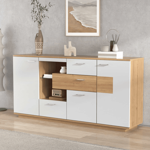 Aparador moderno 160x40x77cm - Com amplo espaço de armazenamento, iluminação LED, 2 portas, 4 gavetas, prateleira de vidro - Natural