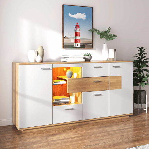 Aparador moderno 160x40x77cm - Com amplo espaço de armazenamento, iluminação LED, 2 portas, 4 gavetas, prateleira de vidro - Natural