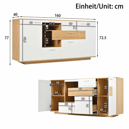 Aparador moderno 160x40x77cm - Com amplo espaço de armazenamento, iluminação LED, 2 portas, 4 gavetas, prateleira de vidro - Natural