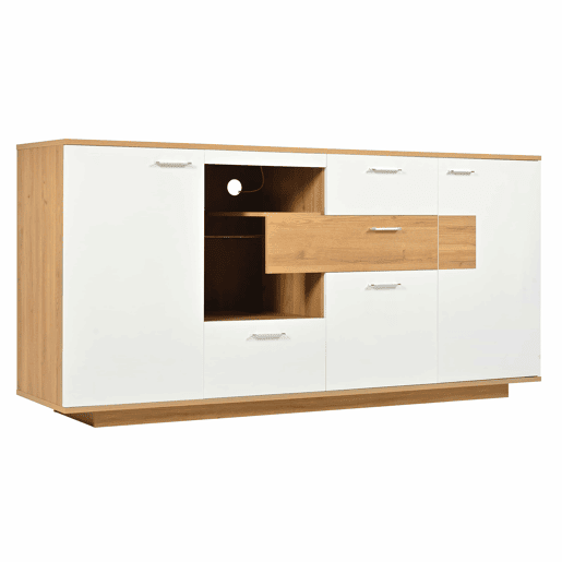 Aparador moderno 160x40x77cm - Com amplo espaço de armazenamento, iluminação LED, 2 portas, 4 gavetas, prateleira de vidro - Natural