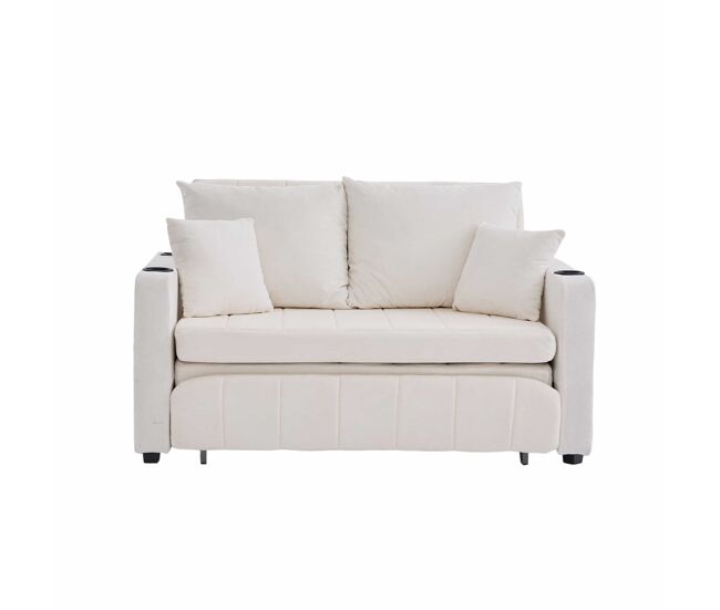Sofá cama de tela multifuncional 2 plazas - extensible plegable con bolsillos en reposabrazos, carga usb y portavasos - chenilla beige