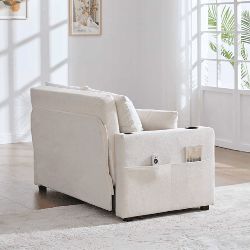 Sofá-cama multifuncional de tecido para 2 pessoas - extensível e dobrável, com bolsos nos braços, porta-carregador USB e porta-copos - chenille bege