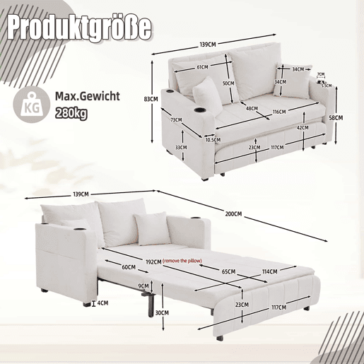 Sofá-cama multifuncional de tecido para 2 pessoas - extensível e dobrável, com bolsos nos braços, porta-carregador USB e porta-copos - chenille bege