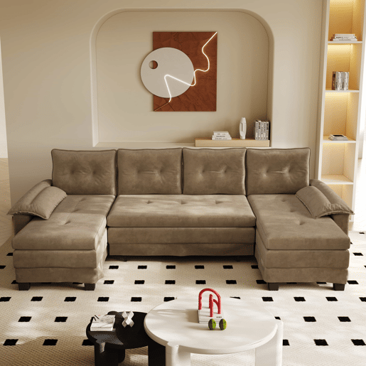 Sofá-cama seccional de 4 lugares, 278 cm - sofá em U convertível com cama extraível, porta USB, braços removíveis, design modular extragrande e moderno - cáqui Sofá-cama seccional de 4 lugares, 278 cm - sofá em U convertível com cama extraível, porta USB, braços removíveis, design modular extragrande e moderno - cáqui