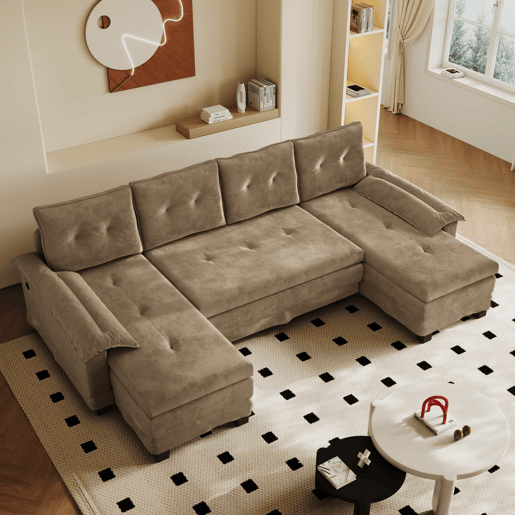 Sofá-cama seccional de 4 lugares, 278 cm - sofá em U convertível com cama extraível, porta USB, braços removíveis, design modular extragrande e moderno - cáqui Sofá-cama seccional de 4 lugares, 278 cm - sofá em U convertível com cama extraível, porta USB, braços removíveis, design modular extragrande e moderno - cáqui