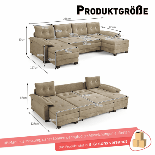 Sofá-cama seccional de 4 lugares, 278 cm - sofá em U convertível com cama extraível, porta USB, braços removíveis, design modular extragrande e moderno - cáqui Sofá-cama seccional de 4 lugares, 278 cm - sofá em U convertível com cama extraível, porta USB, braços removíveis, design modular extragrande e moderno - cáqui