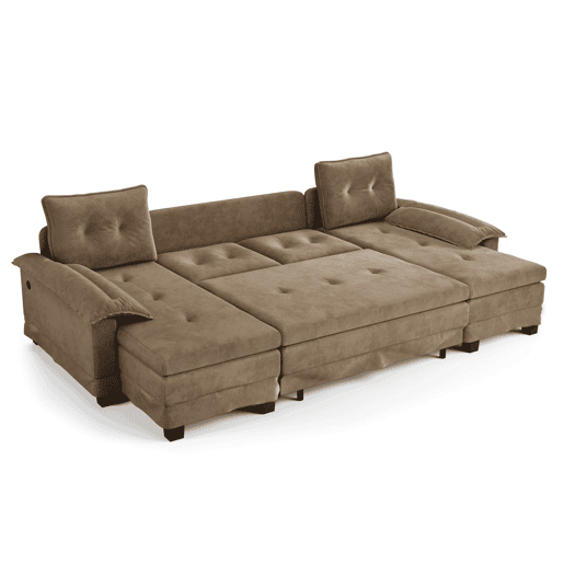 Sofá-cama seccional de 4 lugares, 278 cm - sofá em U convertível com cama extraível, porta USB, braços removíveis, design modular extragrande e moderno - cáqui Sofá-cama seccional de 4 lugares, 278 cm - sofá em U convertível com cama extraível, porta USB, braços removíveis, design modular extragrande e moderno - cáqui