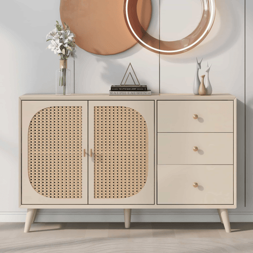 Aparador baixo com 2 portas e 3 gavetas - portas em rotim - Creme