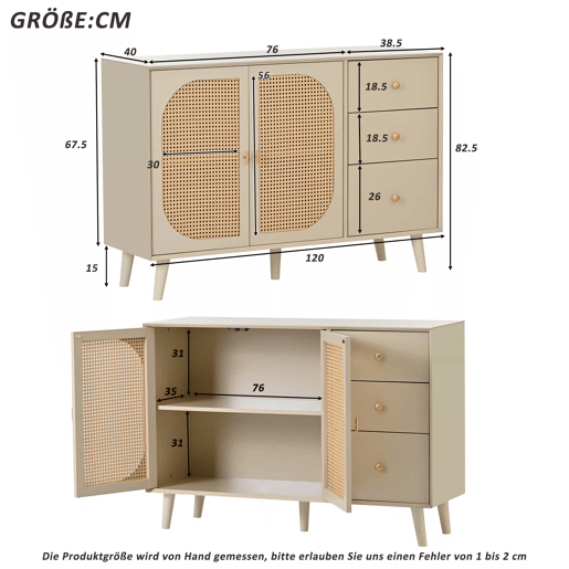 Aparador baixo com 2 portas e 3 gavetas - portas em rotim - Creme