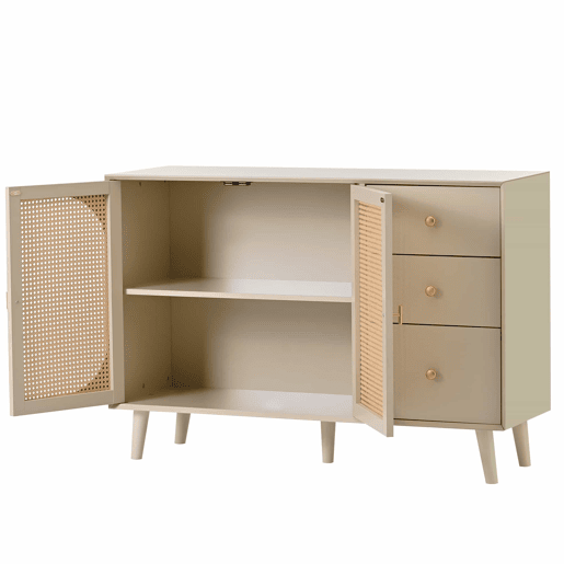 Aparador baixo com 2 portas e 3 gavetas - portas em rotim - Creme
