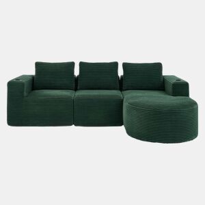 Sofá de 3 lugares com 258 cm - compacto, com três almofadas (1 de penas + 2 com porta-copos) - ideal para salas pequenas, apartamentos e escritórios - Verde Retro
