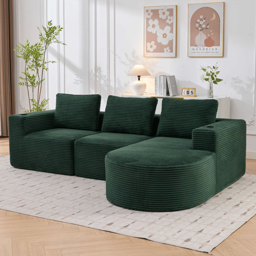 Sofá de 3 lugares com 258 cm - compacto, com três almofadas (1 de penas + 2 com porta-copos) - ideal para salas pequenas, apartamentos e escritórios - Verde Retro