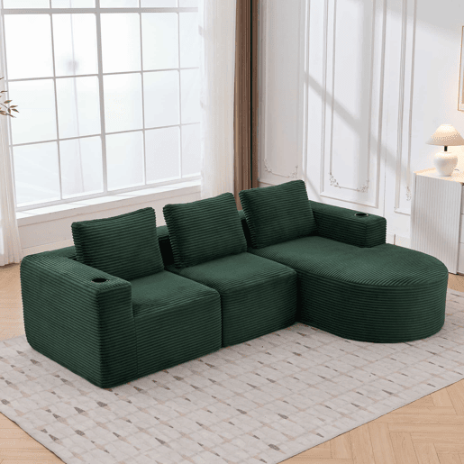Sofá de 3 lugares com 258 cm - compacto, com três almofadas (1 de penas + 2 com porta-copos) - ideal para salas pequenas, apartamentos e escritórios - Verde Retro