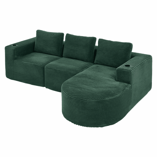 Sofá de 3 lugares com 258 cm - compacto, com três almofadas (1 de penas + 2 com porta-copos) - ideal para salas pequenas, apartamentos e escritórios - Verde Retro