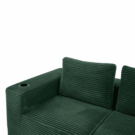 Sofá de 3 lugares com 258 cm - compacto, com três almofadas (1 de penas + 2 com porta-copos) - ideal para salas pequenas, apartamentos e escritórios - Verde Retro