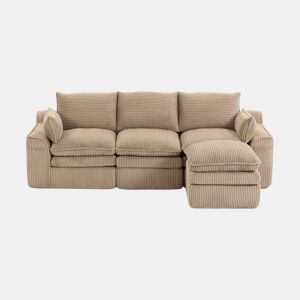 Sofá modular de 3 lugares em veludo cotelê com otomana - espuma de 3 camadas e molas, almofadas incluídas, bolsos laterais, design modular combinável, recuperação rápida - cáqui