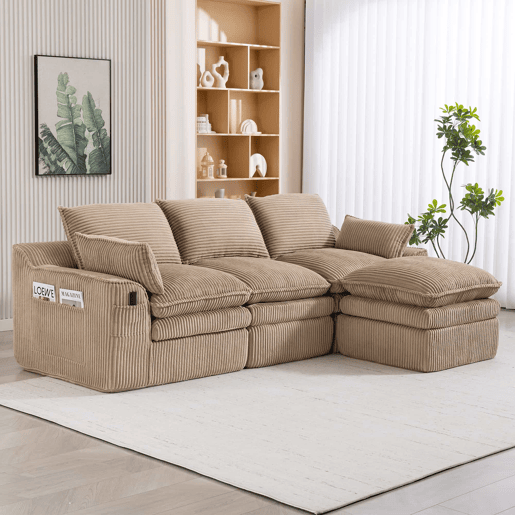 Sofá modular de 3 lugares em veludo cotelê com otomana - espuma de 3 camadas e molas, almofadas incluídas, bolsos laterais, design modular combinável, recuperação rápida - cáqui