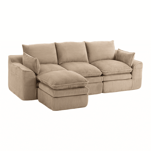 Sofá modular de 3 lugares em veludo cotelê com otomana - espuma de 3 camadas e molas, almofadas incluídas, bolsos laterais, design modular combinável, recuperação rápida - cáqui