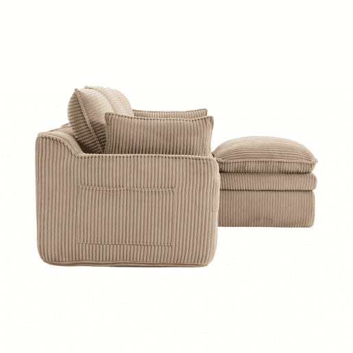 Sofá modular de 3 lugares em veludo cotelê com otomana - espuma de 3 camadas e molas, almofadas incluídas, bolsos laterais, design modular combinável, recuperação rápida - cáqui