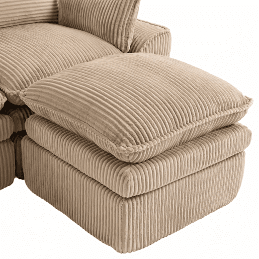 Sofá modular de 3 lugares em veludo cotelê com otomana - espuma de 3 camadas e molas, almofadas incluídas, bolsos laterais, design modular combinável, recuperação rápida - cáqui