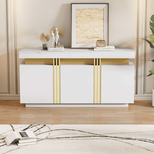 Móvel auxiliar 140x38x70 cm - 3 portas, com compartimentos ajustáveis e costuras platina - Branco