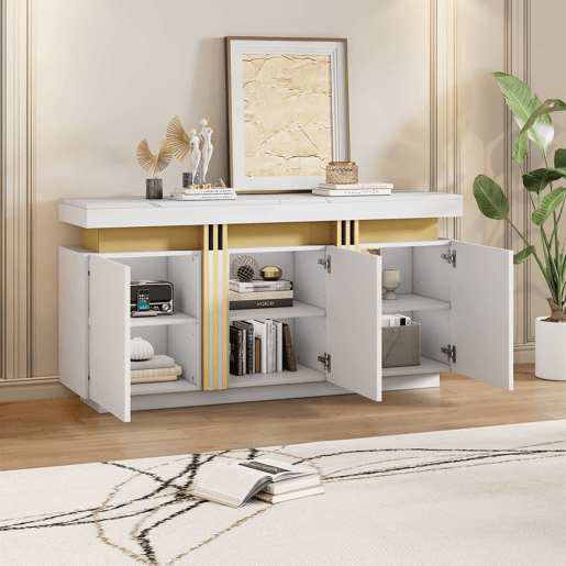 Móvel auxiliar 140x38x70 cm - 3 portas, com compartimentos ajustáveis e costuras platina - Branco
