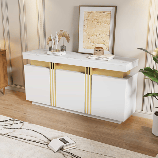Móvel auxiliar 140x38x70 cm - 3 portas, com compartimentos ajustáveis e costuras platina - Branco