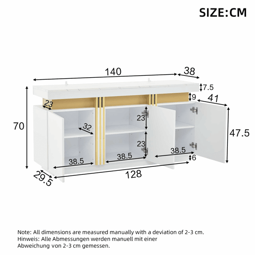 Móvel auxiliar 140x38x70 cm - 3 portas, com compartimentos ajustáveis e costuras platina - Branco