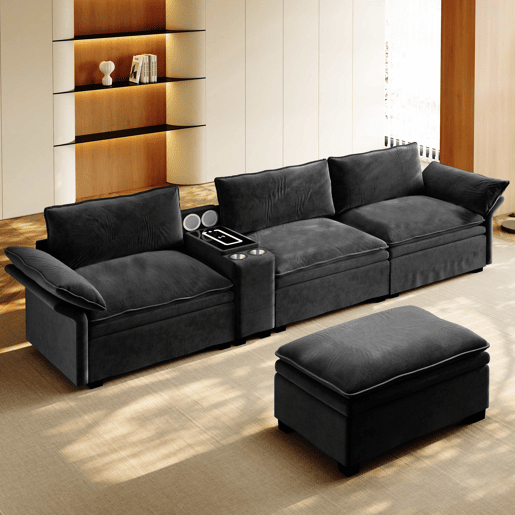 Sofá modular de 4 lugares em forma de L com 315 cm - sofá Cloud em chenille com arrumação, otomana, carregamento sem fios, altifalante, luzes e 2 porta-copos - preto