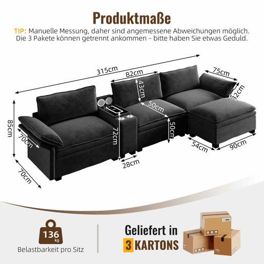 Sofá modular de 4 lugares em forma de L com 315 cm - sofá Cloud em chenille com arrumação, otomana, carregamento sem fios, altifalante, luzes e 2 porta-copos - preto