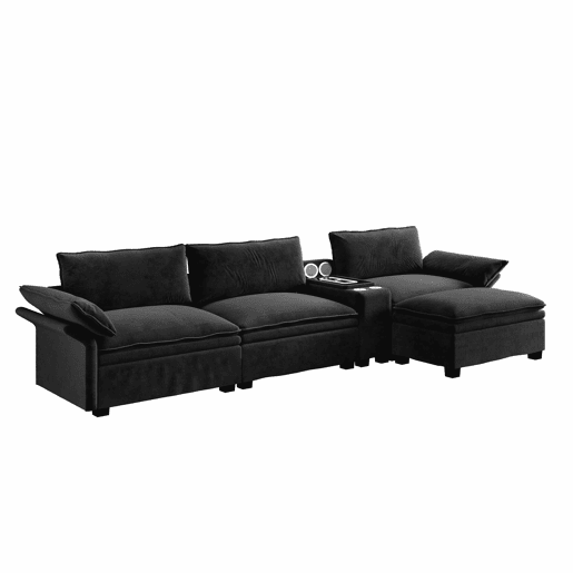 Sofá modular de 4 lugares em forma de L com 315 cm - sofá Cloud em chenille com arrumação, otomana, carregamento sem fios, altifalante, luzes e 2 porta-copos - preto