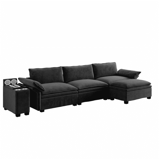 Sofá modular de 4 lugares em forma de L com 315 cm - sofá Cloud em chenille com arrumação, otomana, carregamento sem fios, altifalante, luzes e 2 porta-copos - preto