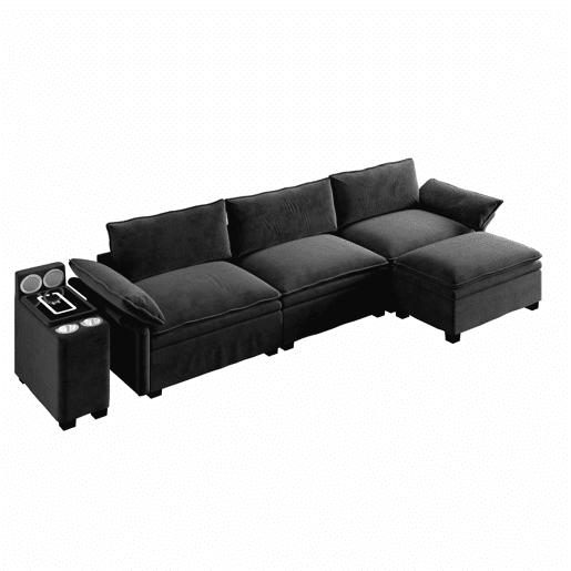 Sofá modular de 4 lugares em forma de L com 315 cm - sofá Cloud em chenille com arrumação, otomana, carregamento sem fios, altifalante, luzes e 2 porta-copos - preto