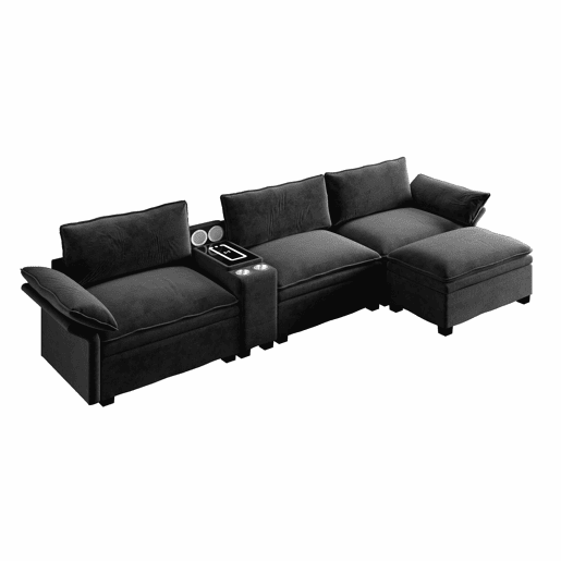 Sofá modular de 4 lugares em forma de L com 315 cm - sofá Cloud em chenille com arrumação, otomana, carregamento sem fios, altifalante, luzes e 2 porta-copos - preto