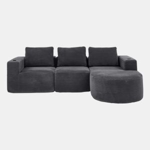 Sofá de 3 lugares com 258 cm - compacto, com 3 almofadas, suportes para copos e confortável - cinzento escuro