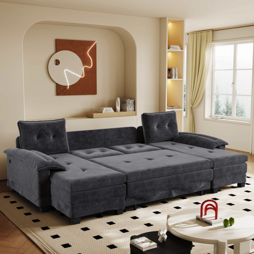 Sofá seccional de 4 lugares, 278 cm - sofá em U convertível com cama extraível, porta USB, braços removíveis, design modular extragrande e moderno - cinzento Sofá seccional de 4 lugares, 278 cm - sofá em U convertível com cama extraível, porta USB, braços removíveis, design modular extragrande e moderno - cinzento