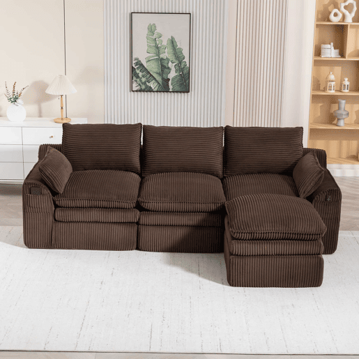 Sofá modular de 3 lugares com otomana - tecido de veludo cotelê, almofadas incluídas, 2 bolsos laterais, espuma de 3 camadas + molas de alta resiliência, design modular combinável - castanho
