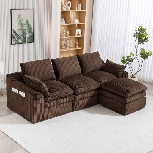 Sofá modular de 3 lugares com otomana - tecido de veludo cotelê, almofadas incluídas, 2 bolsos laterais, espuma de 3 camadas + molas de alta resiliência, design modular combinável - castanho